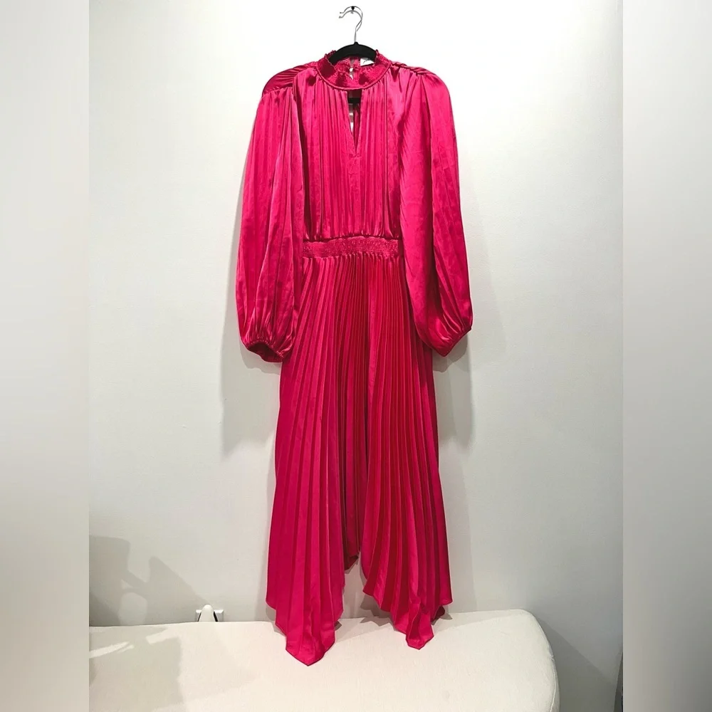 Petal & Pup Pleated Long Sleeve Midi Semi Formal Pink Satin Cocktail Dress US 8 - Picture 7 of 12